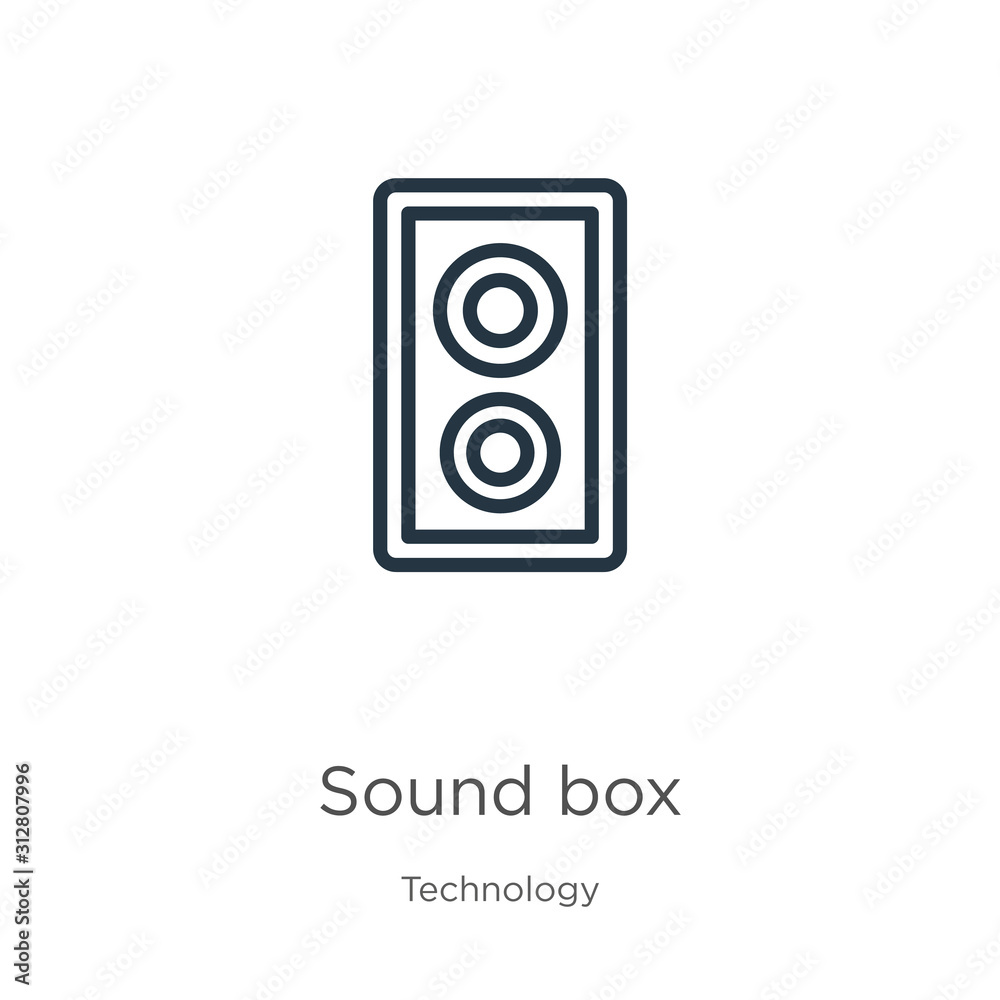 Sound box icon. Thin linear sound box outline icon isolated on white background from technology collection. Line vector sign, symbol for web and mobile Sound box icon. Thin linear sound box outline icon isolated on white background from technology collection. Line vector sign, symbol for web and mobile