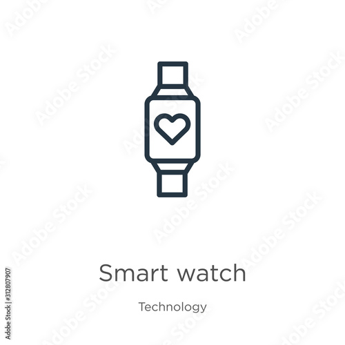 Smart watch icon. Thin linear smart watch outline icon isolated on white background from technology collection. Line vector sign, symbol for web and mobile