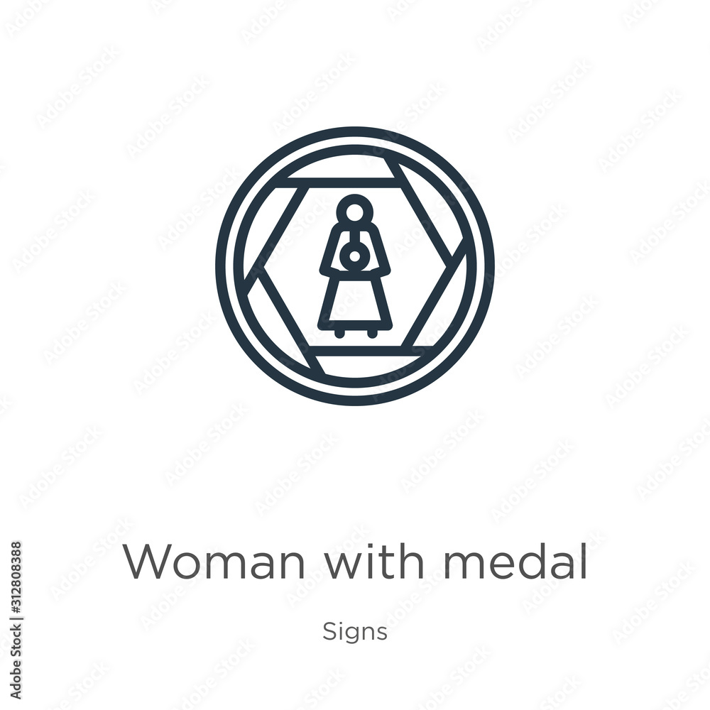 Woman with medal icon. Thin linear woman with medal outline icon isolated on white background from signs collection. Line vector sign, symbol for web and mobile Woman with medal icon. Thin linear woman with medal outline icon isolated on white background from signs collection. Line vector sign, symbol for web and mobile