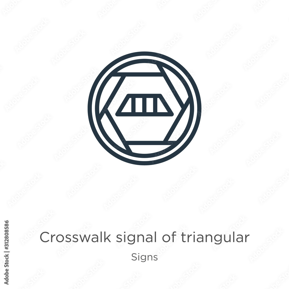 Crosswalk signal of triangular icon. Thin linear crosswalk signal of triangular outline icon isolated on white background from signs collection. Line vector sign, symbol for web and mobile Crosswalk signal of triangular icon. Thin linear crosswalk signal of triangular outline icon isolated on white background from signs collection. Line vector sign, symbol for web and mobile
