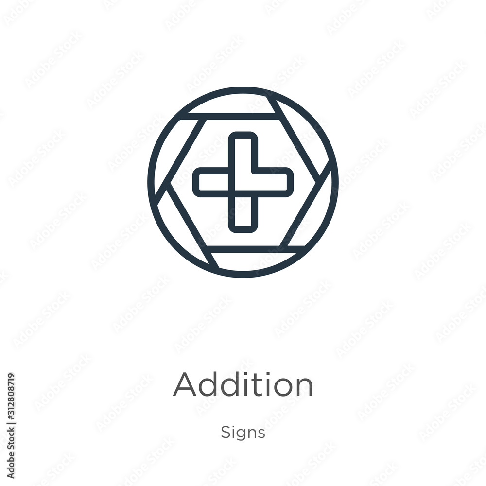 Obraz premium Addition icon. Thin linear addition outline icon isolated on white background from signs collection. Line vector sign, symbol for web and mobile
