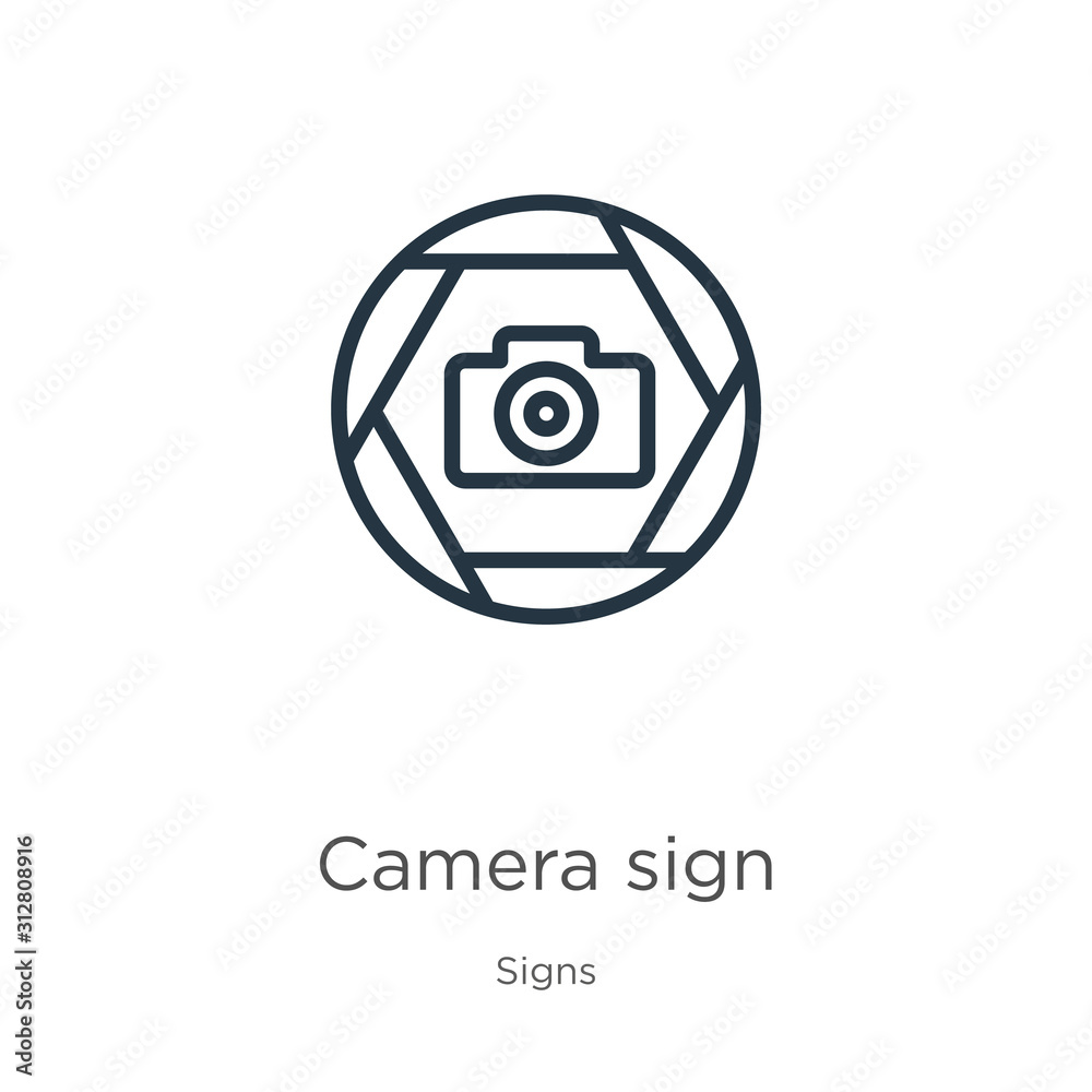 Camera sign icon. Thin linear camera sign outline icon isolated on white background from signs collection. Line vector sign, symbol for web and mobile Camera sign icon. Thin linear camera sign outline icon isolated on white background from signs collection. Line vector sign, symbol for web and mobile