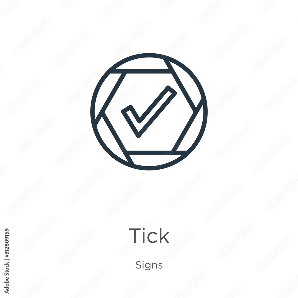 Tick icon. Thin linear tick outline icon isolated on white background from signs collection. Line vector sign, symbol for web and mobile Tick icon. Thin linear tick outline icon isolated on white background from signs collection. Line vector sign, symbol for web and mobile