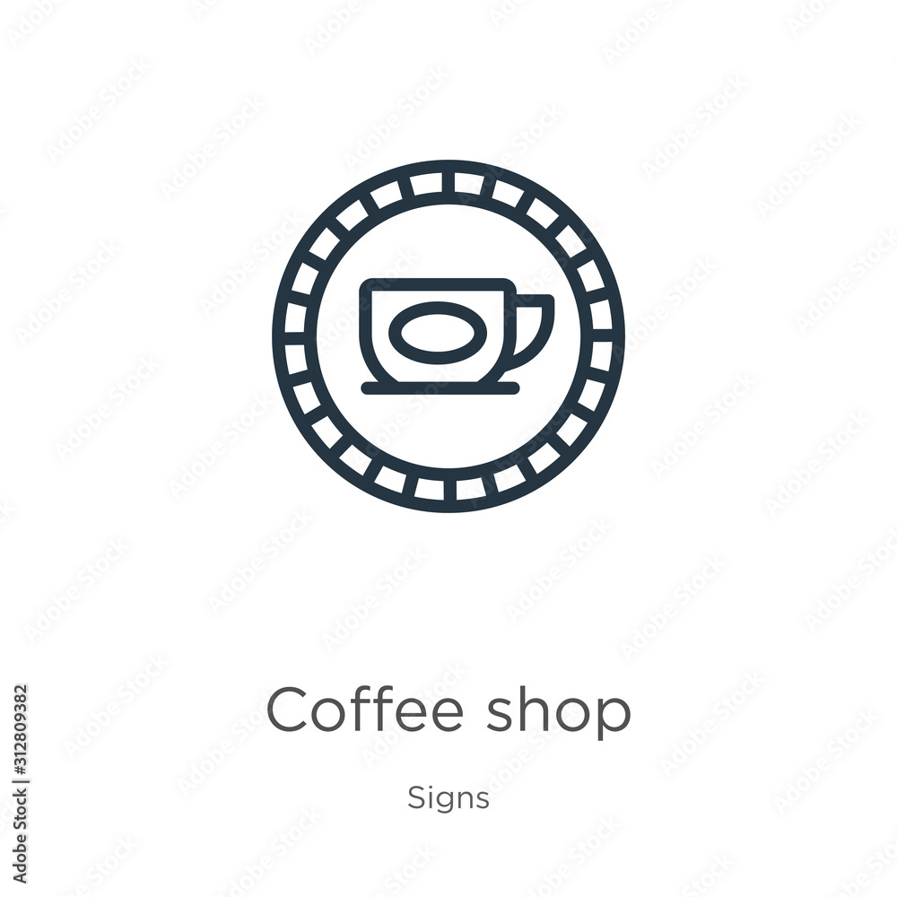 Coffee shop icon. Thin linear coffee shop outline icon isolated on white background from signs collection. Line vector sign, symbol for web and mobile Coffee shop icon. Thin linear coffee shop outline icon isolated on white background from signs collection. Line vector sign, symbol for web and mobile