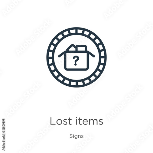 Lost items icon. Thin linear lost items outline icon isolated on white background from signs collection. Line vector sign, symbol for web and mobile