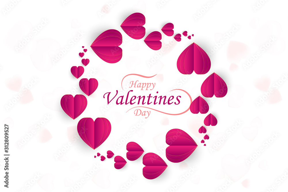 Happy Valentine Day. Greeting card of love with red paper hearts and font inscription. Flat vector illustration EPS10