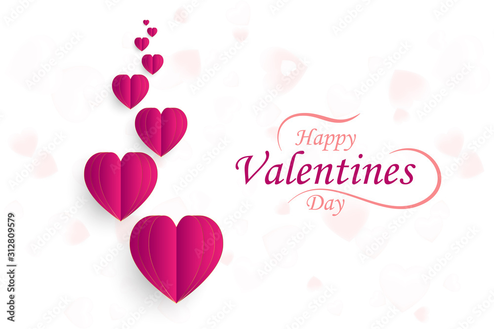 Happy Valentine Day. Greeting card of love with red paper hearts and font inscription. Flat vector illustration EPS10