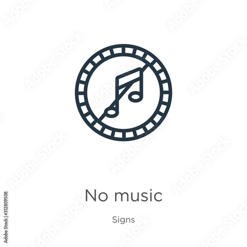 No music icon. Thin linear no music outline icon isolated on white background from signs collection. Line vector sign, symbol for web and mobile
