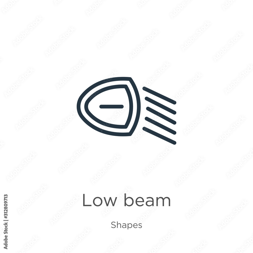 Low beam icon. Thin linear low beam outline icon isolated on white background from shapes collection. Line vector sign, symbol for web and mobile Low beam icon. Thin linear low beam outline icon isolated on white background from shapes collection. Line vector sign, symbol for web and mobile