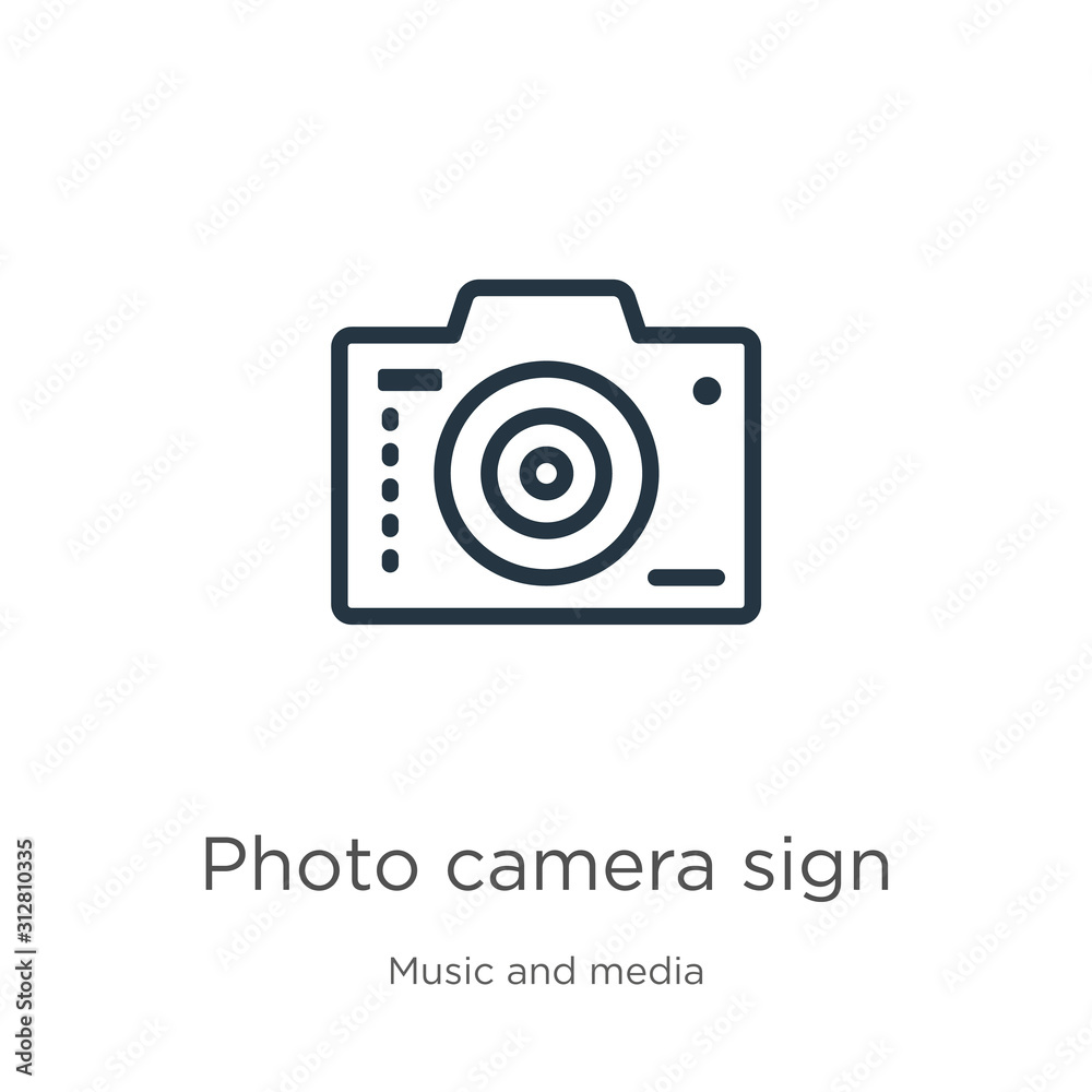 Photo camera sign icon. Thin linear photo camera sign outline icon isolated on white background from music and media collection. Line vector sign, symbol for web and mobile Photo camera sign icon. Thin linear photo camera sign outline icon isolated on white background from music and media collection. Line vector sign, symbol for web and mobile