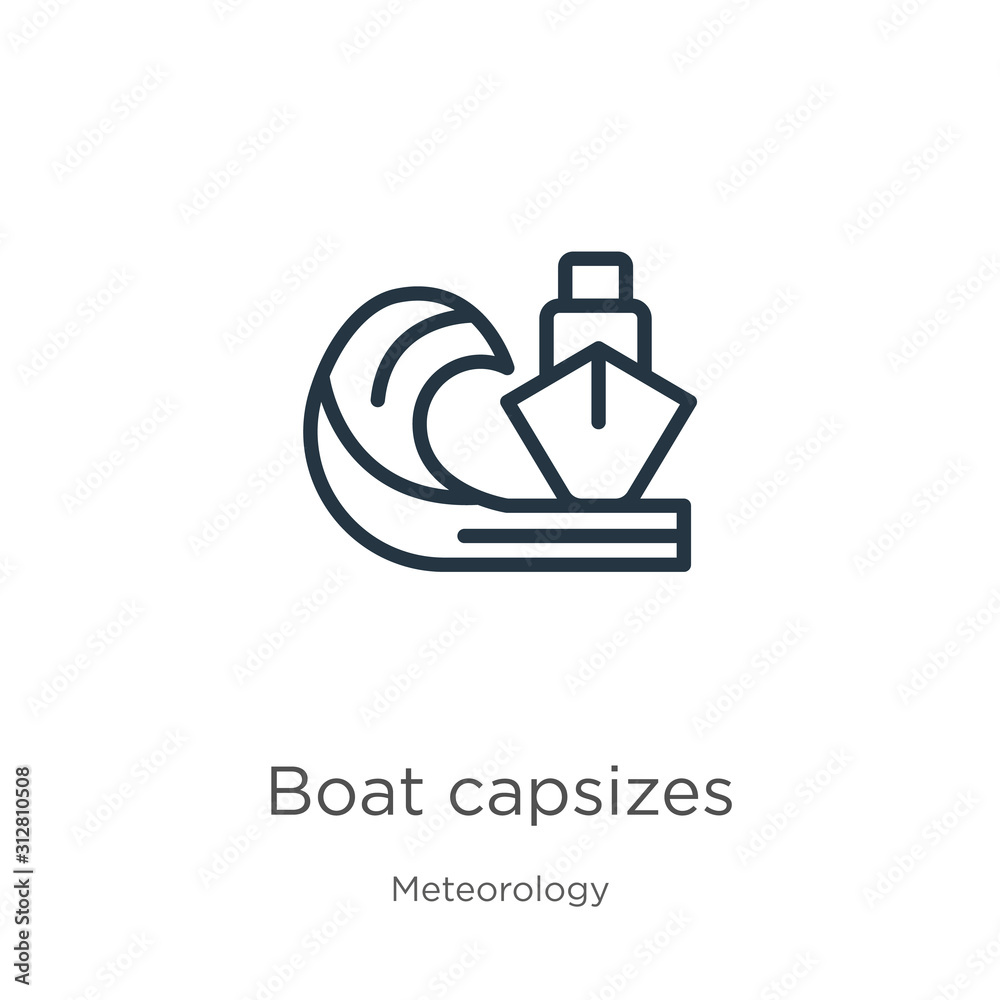 Boat capsizes icon. Thin linear boat capsizes outline icon isolated on white background from meteorology collection. Line vector sign, symbol for web and mobile Boat capsizes icon. Thin linear boat capsizes outline icon isolated on white background from meteorology collection. Line vector sign, symbol for web and mobile