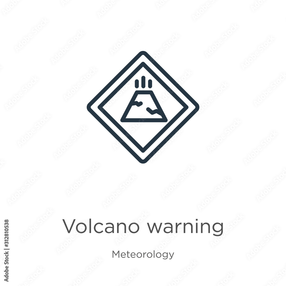 Volcano warning icon. Thin linear volcano warning outline icon isolated on white background from meteorology collection. Line vector sign, symbol for web and mobile Volcano warning icon. Thin linear volcano warning outline icon isolated on white background from meteorology collection. Line vector sign, symbol for web and mobile
