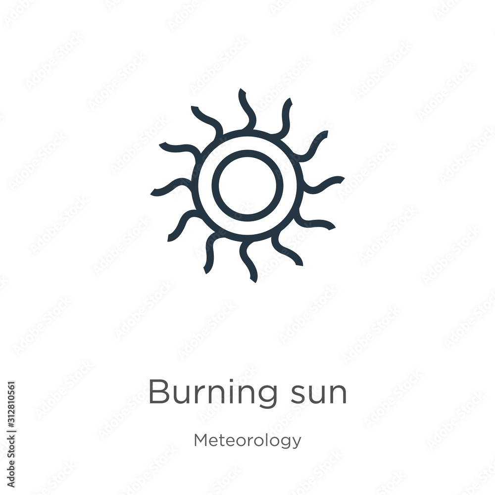 Burning sun icon. Thin linear burning sun outline icon isolated on white background from meteorology collection. Line vector sign, symbol for web and mobile