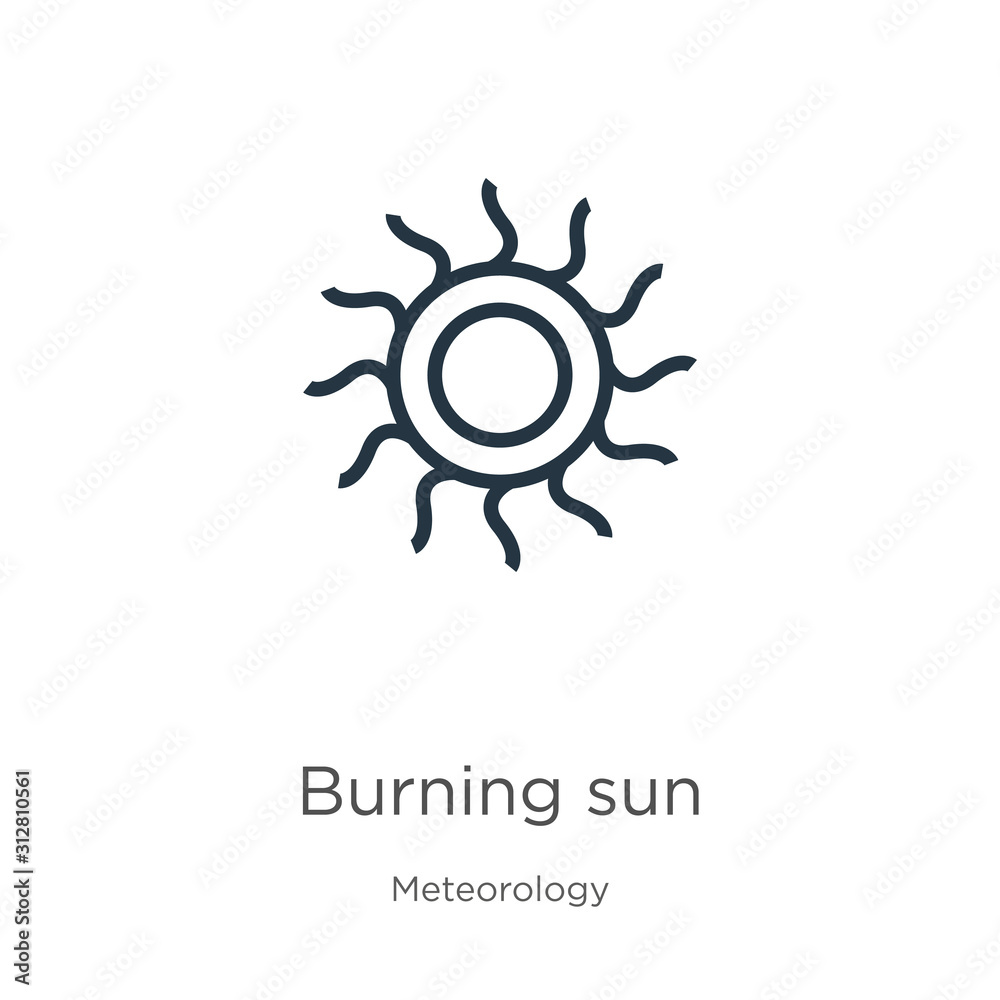 Burning sun icon. Thin linear burning sun outline icon isolated on white background from meteorology collection. Line vector sign, symbol for web and mobile Burning sun icon. Thin linear burning sun outline icon isolated on white background from meteorology collection. Line vector sign, symbol for web and mobile