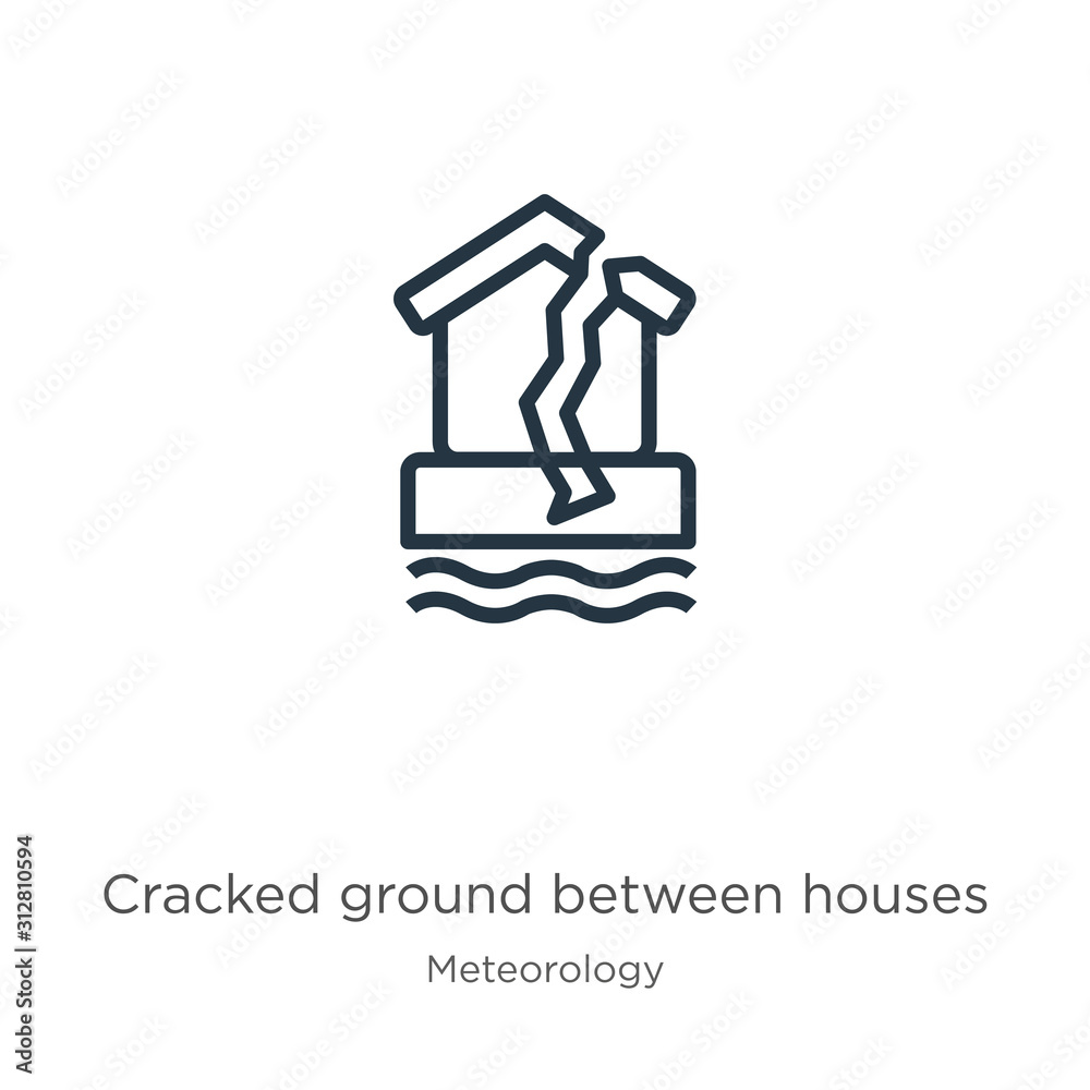 Cracked ground between houses icon. Thin linear cracked ground between houses outline icon isolated on white background from meteorology collection. Line vector sign, symbol for web and mobile Cracked ground between houses icon. Thin linear cracked ground between houses outline icon isolated on white background from meteorology collection. Line vector sign, symbol for web and mobile