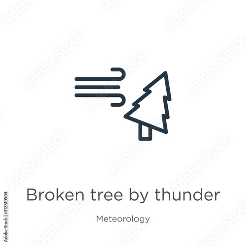 Broken tree by thunder icon. Thin linear broken tree by thunder outline icon isolated on white background from meteorology collection. Line vector sign, symbol for web and mobile