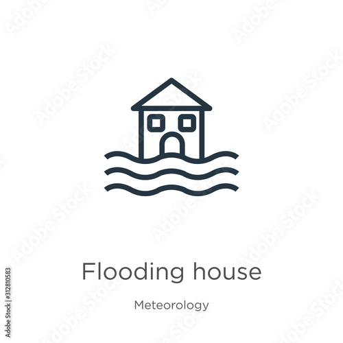 Flooding house icon. Thin linear flooding house outline icon isolated on white background from meteorology collection. Line vector sign, symbol for web and mobile