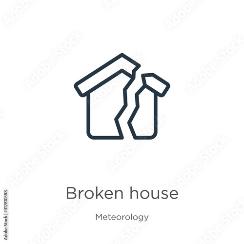 Broken house icon. Thin linear broken house outline icon isolated on white background from meteorology collection. Line vector sign, symbol for web and mobile