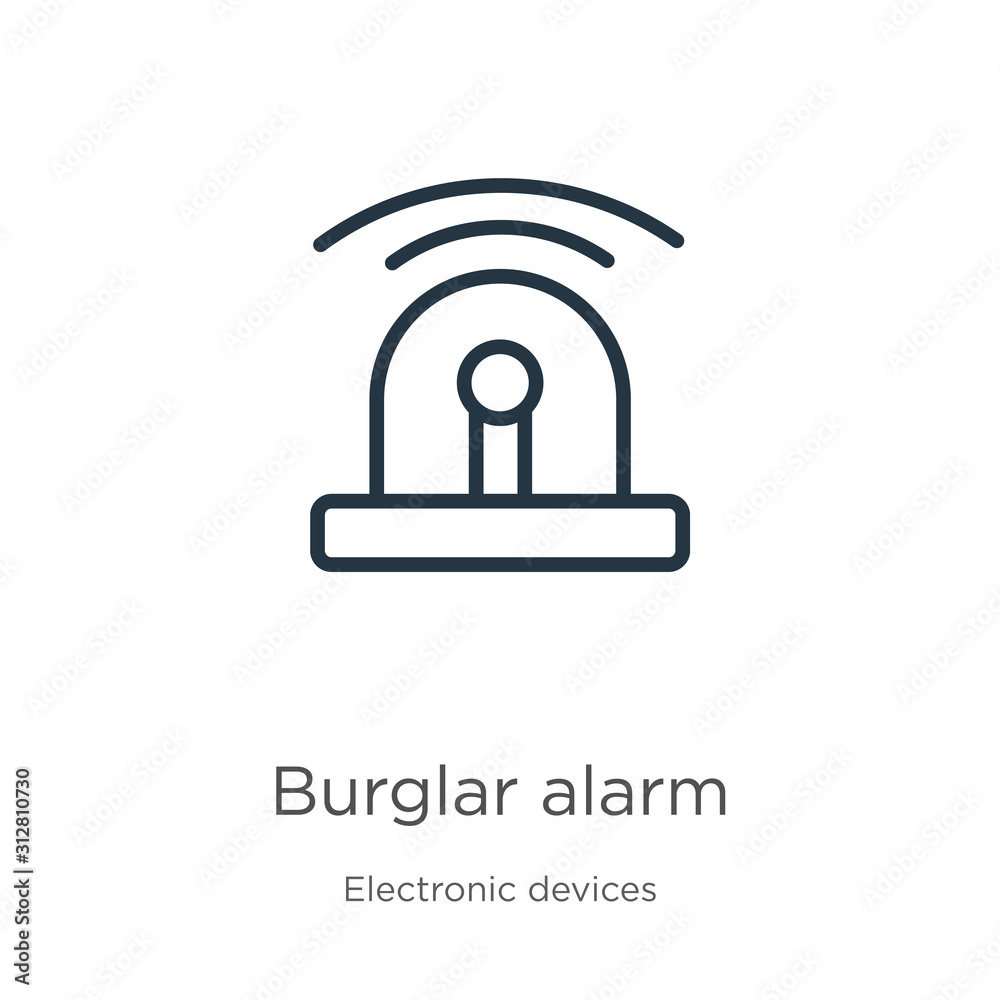 Burglar alarm icon. Thin linear burglar alarm outline icon isolated on white background from electronic devices collection. Line vector sign, symbol for web and mobile Burglar alarm icon. Thin linear burglar alarm outline icon isolated on white background from electronic devices collection. Line vector sign, symbol for web and mobile