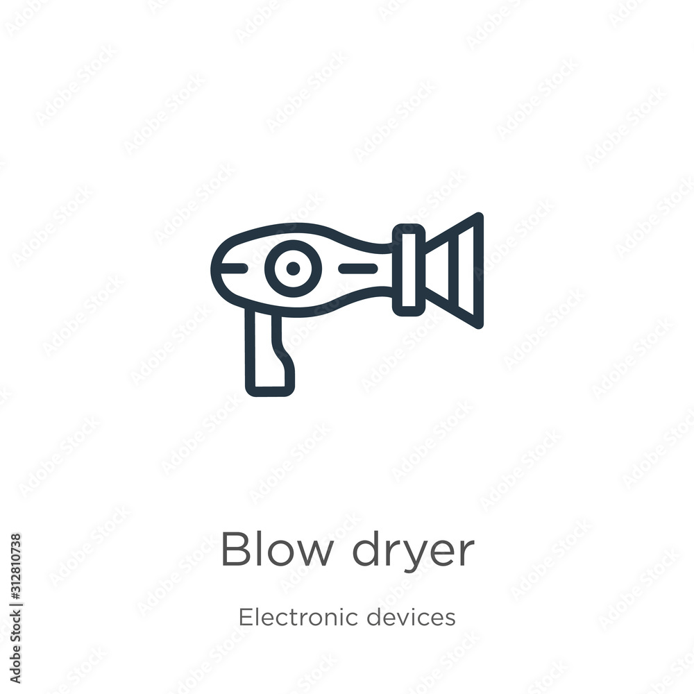 Blow dryer icon. Thin linear blow dryer outline icon isolated on white background from electronic devices collection. Line vector sign, symbol for web and mobile Blow dryer icon. Thin linear blow dryer outline icon isolated on white background from electronic devices collection. Line vector sign, symbol for web and mobile