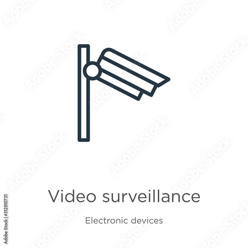 Video surveillance icon. Thin linear video surveillance outline icon isolated on white background from electronic devices collection. Line vector sign, symbol for web and mobile