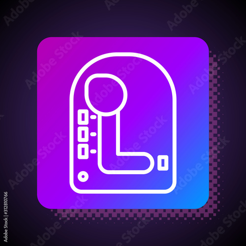 White line Gear shifter icon isolated on black background. Transmission icon. Square color button. Vector Illustration