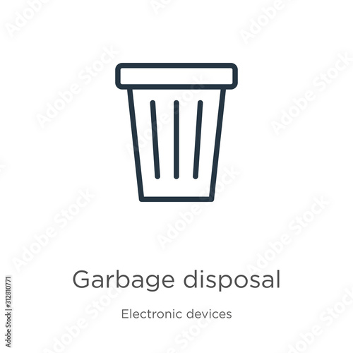 Garbage disposal icon. Thin linear garbage disposal outline icon isolated on white background from electronic devices collection. Line vector sign, symbol for web and mobile