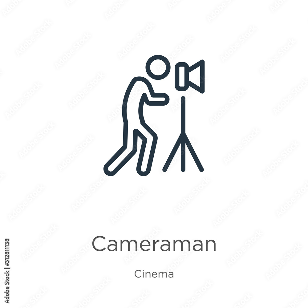 Cameraman icon. Thin linear cameraman outline icon isolated on white background from cinema collection. Line vector sign, symbol for web and mobile Cameraman icon. Thin linear cameraman outline icon isolated on white background from cinema collection. Line vector sign, symbol for web and mobile
