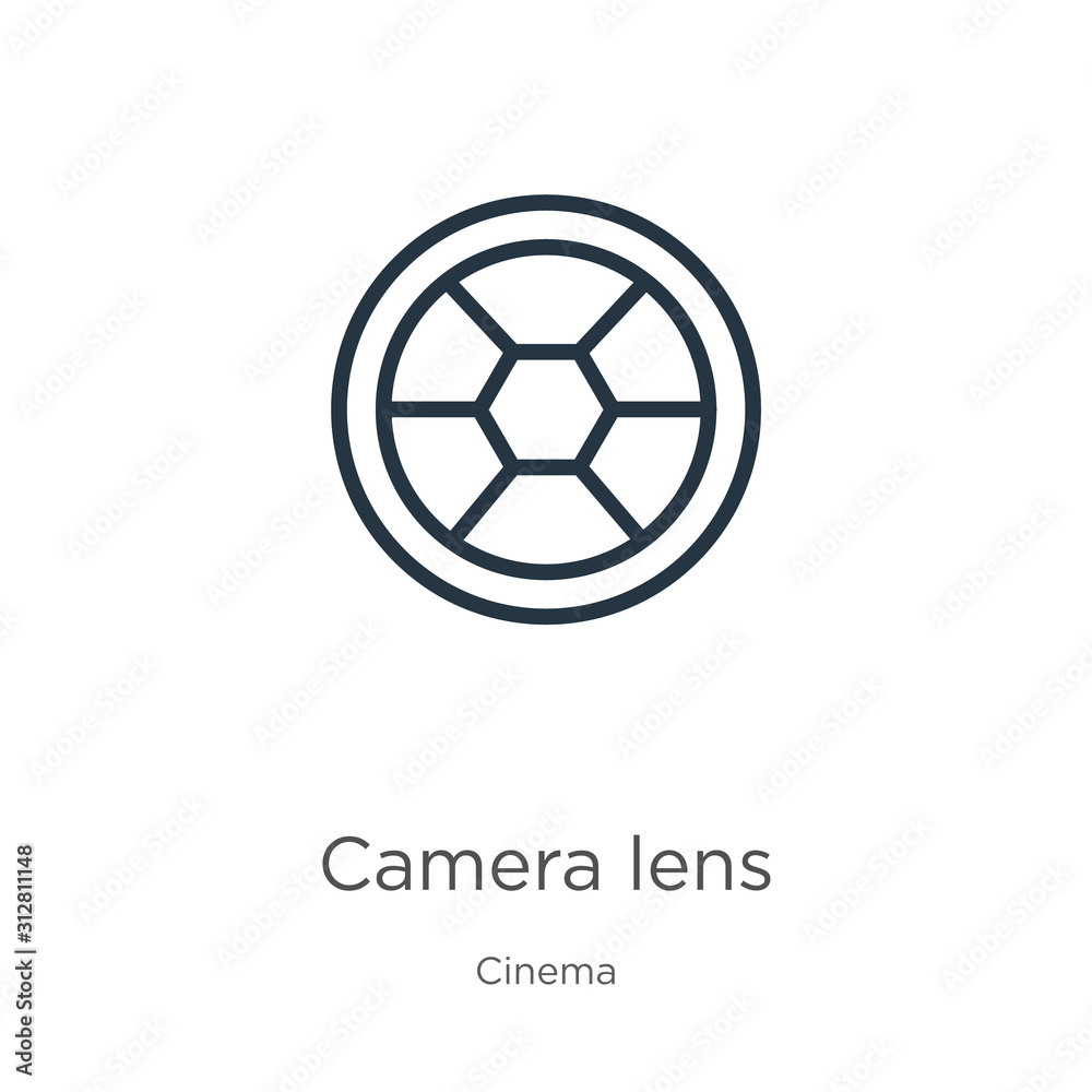 Camera lens icon. Thin linear camera lens outline icon isolated on white background from cinema collection. Line vector sign, symbol for web and mobile Camera lens icon. Thin linear camera lens outline icon isolated on white background from cinema collection. Line vector sign, symbol for web and mobile