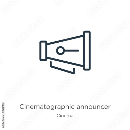 Cinematographic announcer icon. Thin linear cinematographic announcer outline icon isolated on white background from cinema collection. Line vector sign, symbol for web and mobile