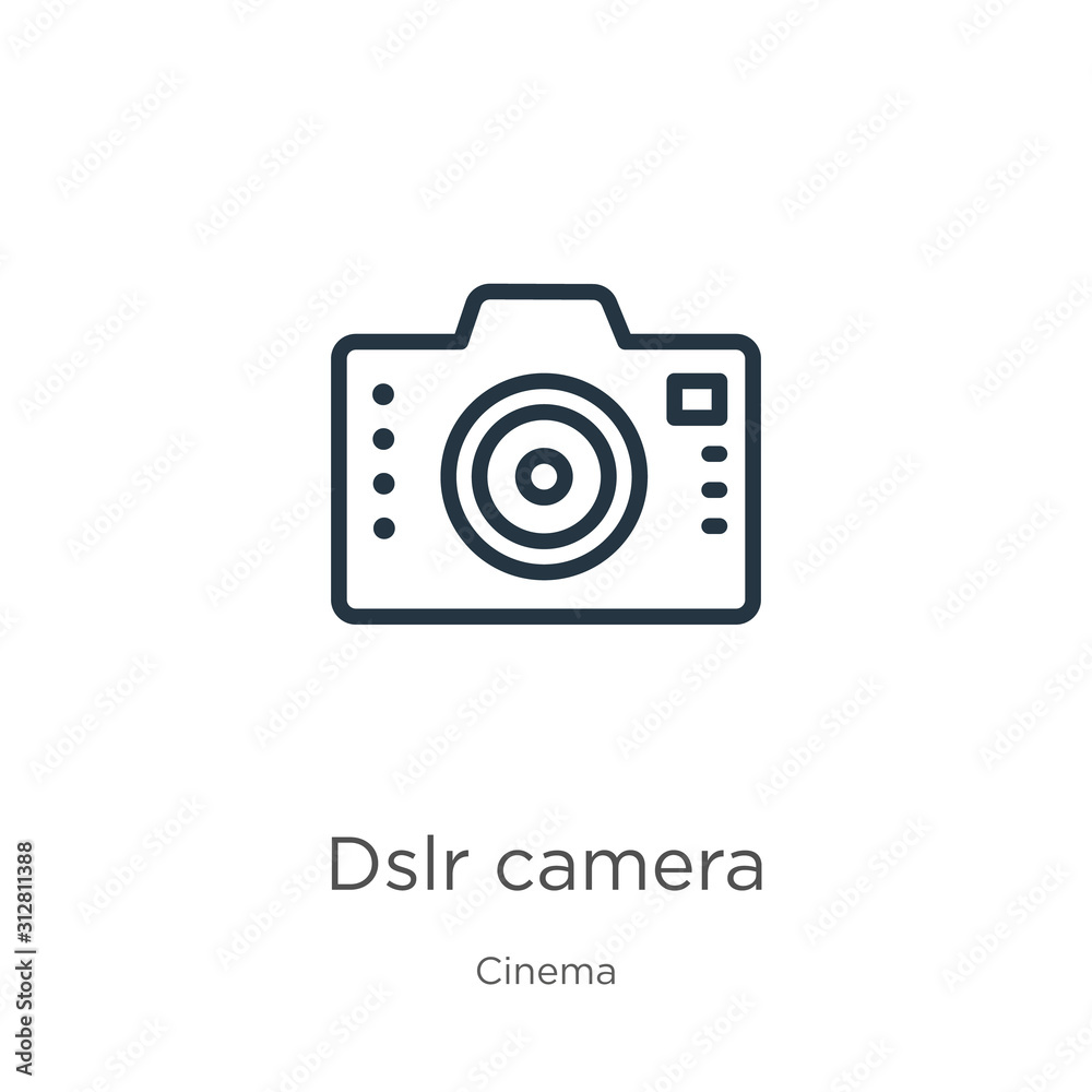 Dslr camera icon. Thin linear dslr camera outline icon isolated on white background from cinema collection. Line vector sign, symbol for web and mobile Dslr camera icon. Thin linear dslr camera outline icon isolated on white background from cinema collection. Line vector sign, symbol for web and mobile