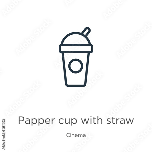 Papper cup with straw icon. Thin linear papper cup with straw outline icon isolated on white background from cinema collection. Line vector sign, symbol for web and mobile