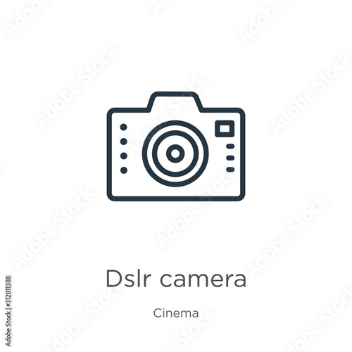 Dslr camera icon. Thin linear dslr camera outline icon isolated on white background from cinema collection. Line vector sign, symbol for web and mobile