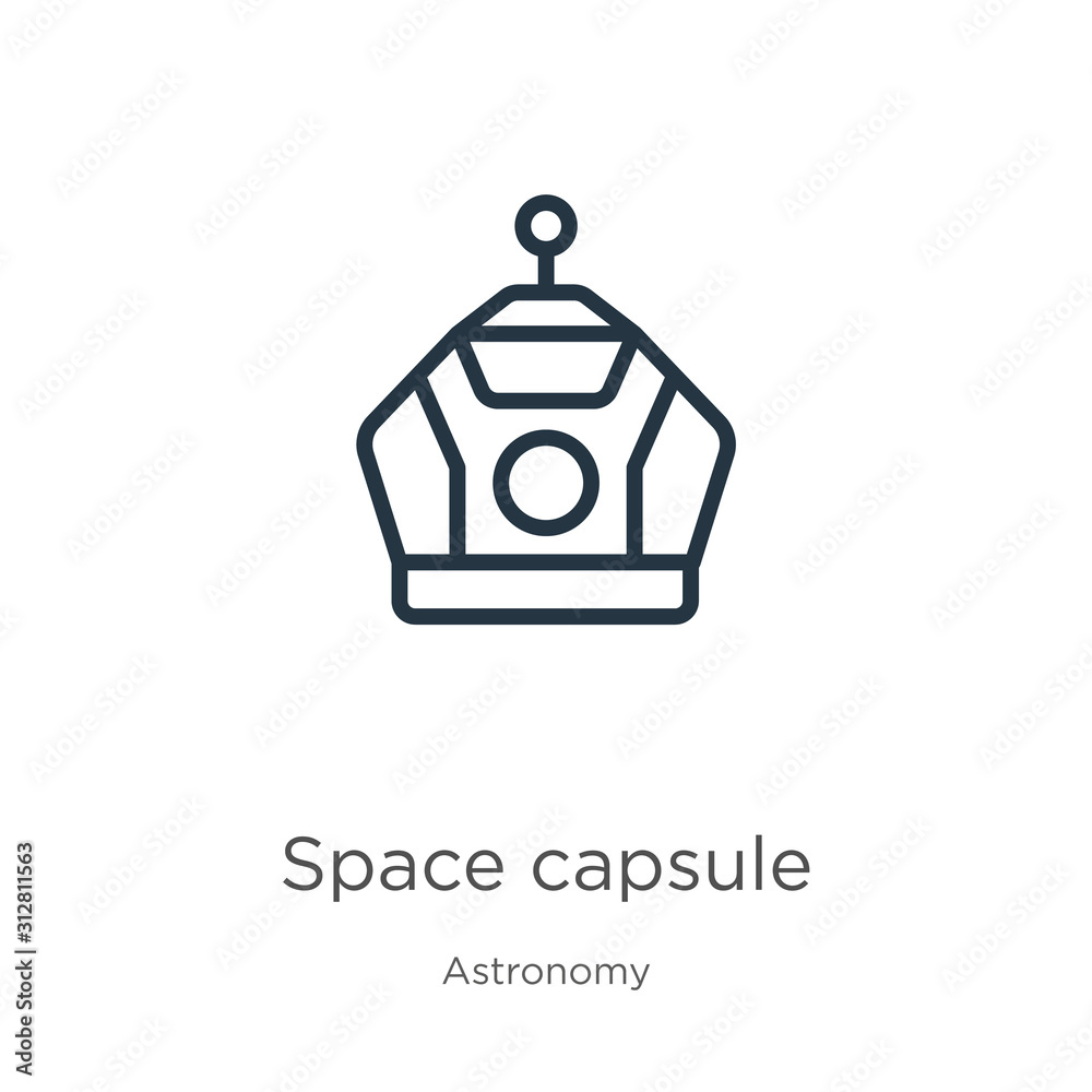 Space capsule icon. Thin linear space capsule outline icon isolated on white background from astronomy collection. Line vector sign, symbol for web and mobile Space capsule icon. Thin linear space capsule outline icon isolated on white background from astronomy collection. Line vector sign, symbol for web and mobile