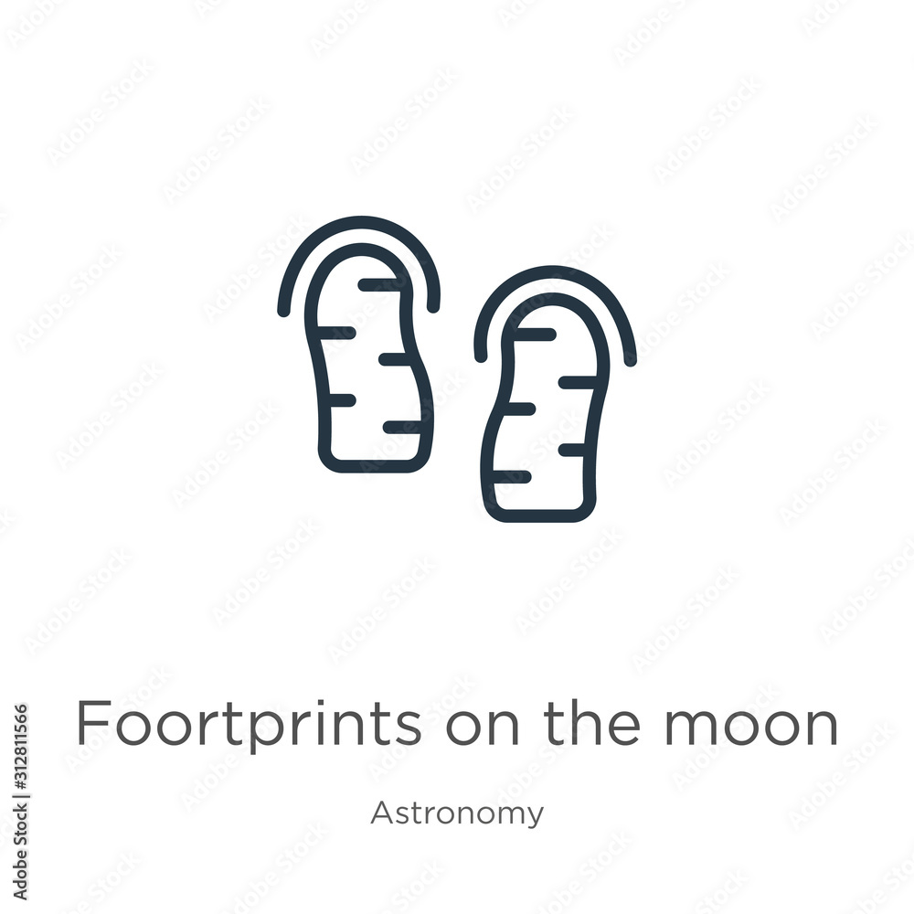 Foortprints on the moon icon. Thin linear foortprints on the moon outline icon isolated on white background from astronomy collection. Line vector sign, symbol for web and mobile Foortprints on the moon icon. Thin linear foortprints on the moon outline icon isolated on white background from astronomy collection. Line vector sign, symbol for web and mobile
