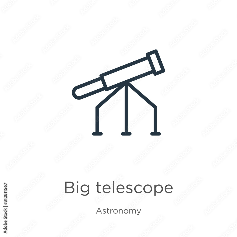 Big telescope icon. Thin linear big telescope outline icon isolated on white background from astronomy collection. Line vector sign, symbol for web and mobile Big telescope icon. Thin linear big telescope outline icon isolated on white background from astronomy collection. Line vector sign, symbol for web and mobile