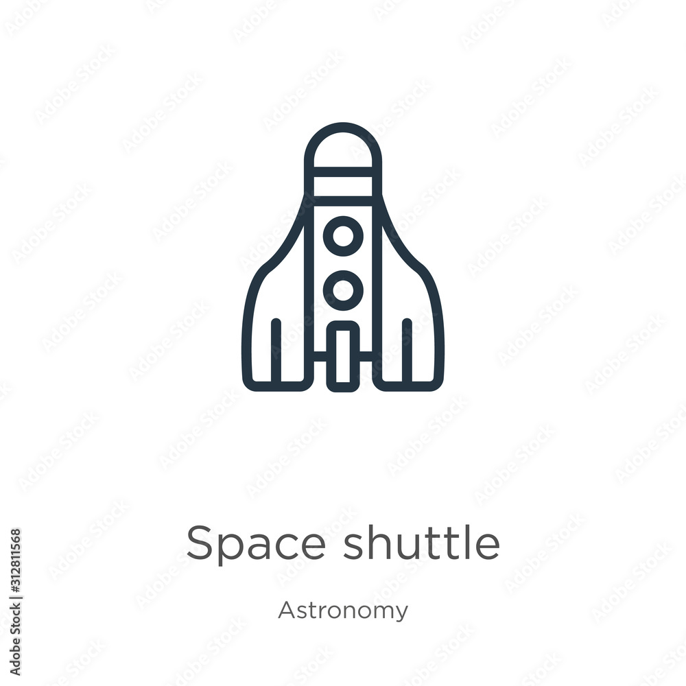 Space shuttle icon. Thin linear space shuttle outline icon isolated on white background from astronomy collection. Line vector sign, symbol for web and mobile