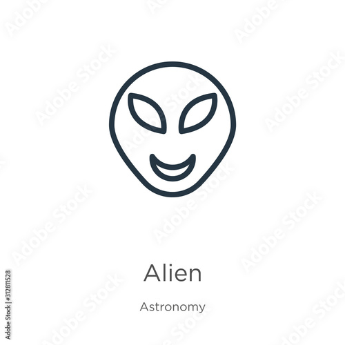 Alien icon. Thin linear alien outline icon isolated on white background from astronomy collection. Line vector sign, symbol for web and mobile