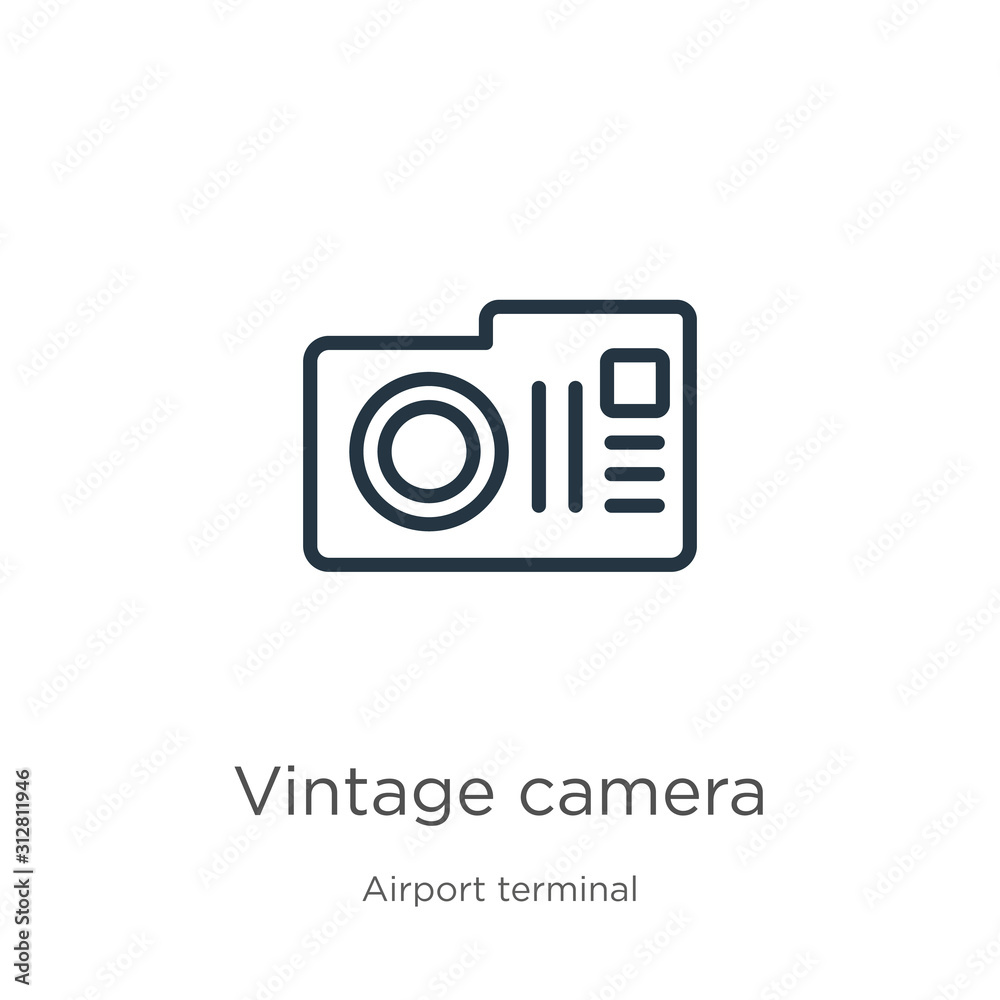 Vintage camera icon. Thin linear vintage camera outline icon isolated on white background from airport terminal collection. Line vector sign, symbol for web and mobile