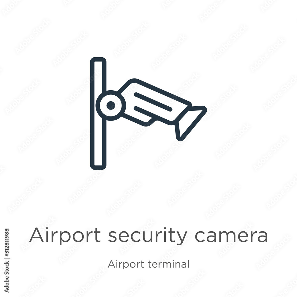 Airport security camera icon. Thin linear airport security camera outline icon isolated on white background from airport terminal collection. Line vector sign, symbol for web and mobile
