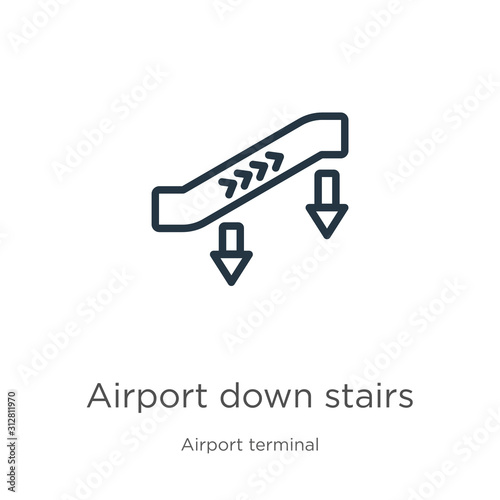 Airport down stairs icon. Thin linear airport down stairs outline icon isolated on white background from airport terminal collection. Line vector sign, symbol for web and mobile