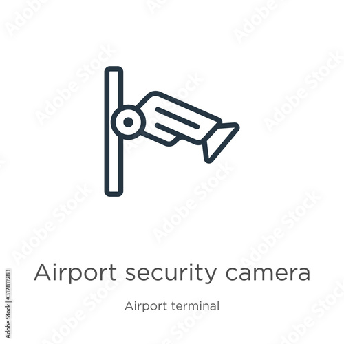 Airport security camera icon. Thin linear airport security camera outline icon isolated on white background from airport terminal collection. Line vector sign  symbol for web and mobile