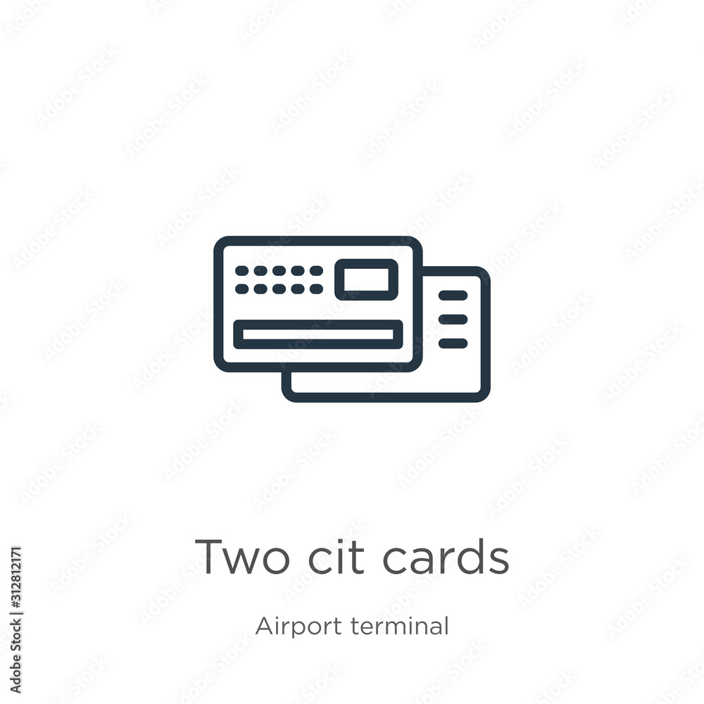 Two credit cards icon. Thin linear two credit cards outline icon isolated on white background from airport terminal collection. Line vector sign, symbol for web and mobile Two credit cards icon. Thin linear two credit cards outline icon isolated on white background from airport terminal collection. Line vector sign, symbol for web and mobile