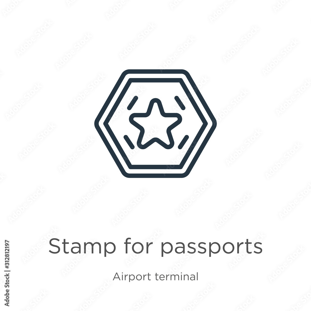 Stamp for passports icon. Thin linear stamp for passports outline icon isolated on white background from airport terminal collection. Line vector sign, symbol for web and mobile Stamp for passports icon. Thin linear stamp for passports outline icon isolated on white background from airport terminal collection. Line vector sign, symbol for web and mobile