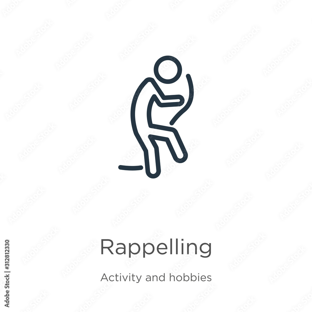 Rappelling icon. Thin linear rappelling outline icon isolated on white background from activity and hobbies collection. Line vector sign, symbol for web and mobile Rappelling icon. Thin linear rappelling outline icon isolated on white background from activity and hobbies collection. Line vector sign, symbol for web and mobile