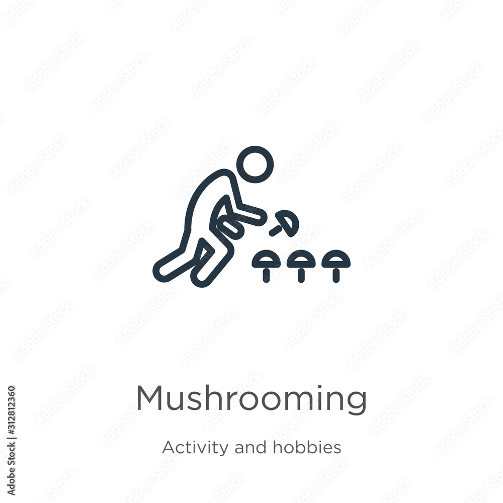 Mushrooming icon. Thin linear mushrooming outline icon isolated on white background from activity and hobbies collection. Line vector sign, symbol for web and mobile Mushrooming icon. Thin linear mushrooming outline icon isolated on white background from activity and hobbies collection. Line vector sign, symbol for web and mobile