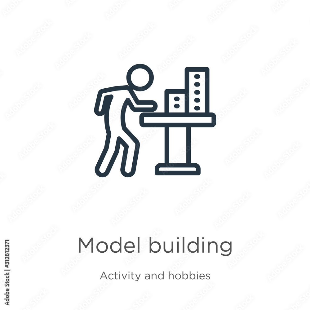 Model building icon. Thin linear model building outline icon isolated on white background from activity and hobbies collection. Line vector sign, symbol for web and mobile