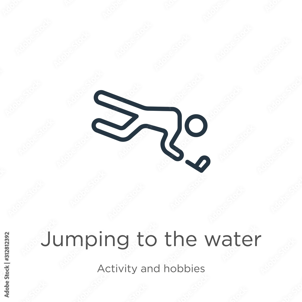 Jumping to the water icon. Thin linear jumping to the water outline icon isolated on white background from activity and hobbies collection. Line vector sign, symbol for web and mobile Jumping to the water icon. Thin linear jumping to the water outline icon isolated on white background from activity and hobbies collection. Line vector sign, symbol for web and mobile