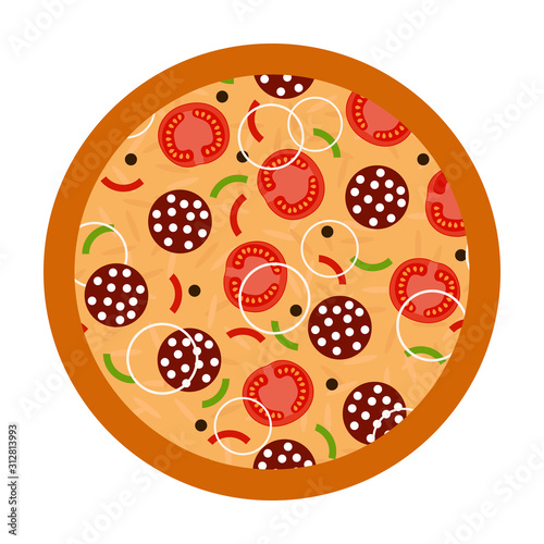 pizza with tomatoes and sausage, top view.