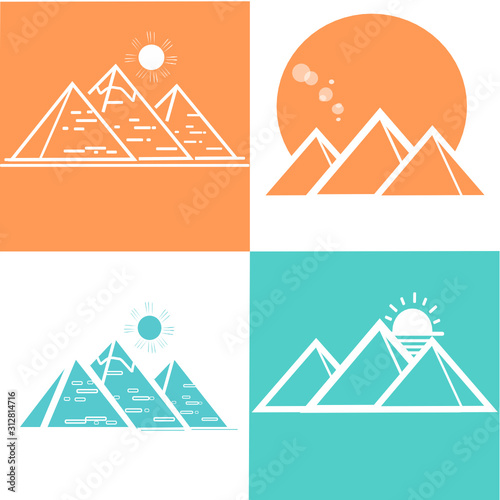 Set of Futuristic landscape with views of the pyramids. Great Egyptian Pyramids Landscape illustration under sun. line-art landmark icon of the Great Pyramids in Giza. Outline illustration, vector 